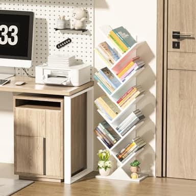 SHEEPAM 10 Tier Tree Book Shelf, Floor Standing Wood Bookshelf for Narrow Space, Storage Organizer Bookshelves for Books/CDs/Magazine, Bookcase with Shelves for Home Office, Living Room - White - Image 6