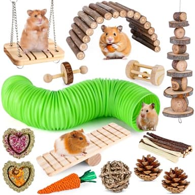 VESPRO Hamster Toys Set, Guinea Pig Toys Small Animal Chewing Toy and Rat Cage Accessories, Chinchillas, Gerbils, Rats, Rabbit Rodents Teeth Care, Apple Wood Timothy Hay Mouse Toy Swing Seesaw Bridge - Image 1