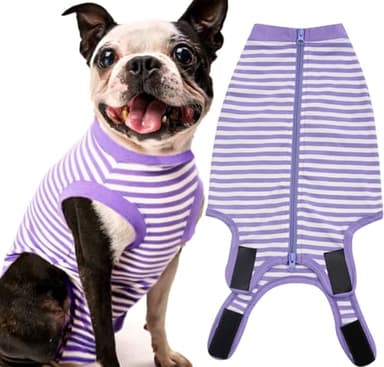 Sychien Dog Recovery Suit Medium,Female Spay Male Surgery Recovery Shirt,Soft Combed Cotton Surgical Puppy Suit,M Purple-White Striped - Image 1