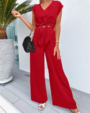 PRETTYGARDEN Women's Casual Summer Outfits 2 Piece Cute Cap Sleeve Tie Front Tops Loose Fit Pant Fashion Airport Outfit(Solid Red,Small) - Image 2