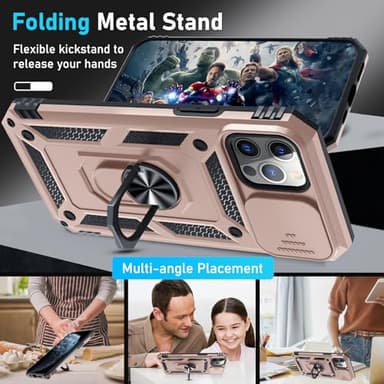 Janmitta Case for iPhone 16e Phone Cover Built in Slide Camera Lens Cover+Screen Protector,Heavy Duty Shockproof Full Body PhoneCase with Finger Ring Holder Kickstand,2025 Rose Gold - Image 2