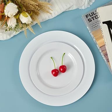 FOCUSLINE 100 Count White Plastic Plates 10 Inch, Disposable Heavy Duty Dinner Plates- Premium Hard Plastic Plates Fancy Disposable White Plates for Weddings, Parties and Events - Image 6