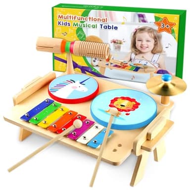 DIFFYBOX Kids Drum Set, Baby Musical Instruments Toys for Toddlers, 7 in 1 Wooden Xylophone Toddler Drum Set Percussion Instruments Musical Toys Birthday Gifts for Children Boys and Girls - Image 1