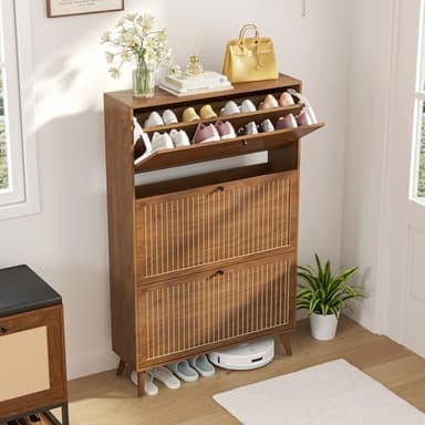 Fsbecl Shoe Storage Cabinet for Entryway with 4 Flip Drawers, Narrow Shoe Organizer with Fluted Panel, Freestanding Wood Hidden Shoe Cabinet for Foyer, Hallway (Walnut, 3 Flip Drawers) - Image 5