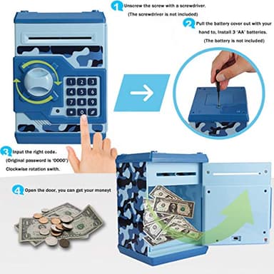 Qwifyu Piggy Bank for Boys Girls, 4 5 6 7 8 9 10 Year Old Girl Boy Birthday Gift Ideas, Electronic Password Money Saving Box ATM, Great Gift Safe Bank Toys for Kids (Camouflage Blue) - Image 8