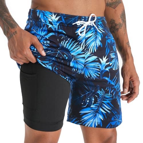 zeetoo Mens Swim Trunks with Compression Liner 5.5" Inseam Shorts Bathing Suit Quick Dry Swimsuit Leaf-darkblue 2XL - Image 1