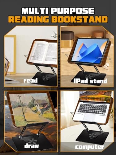 SUNBABA Adjustable Book Stand for Reading with 360° Rotating Bases,Book Holder Foldable Designs with Elastic Clips,Multifunctional Display Stand for Magazines,Tablets,Laptops,Cookbooks(Black) - Image 6