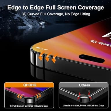 QHOHQ for iPhone 16 Screen Protector with Camera Lens Protector, [Military Grade Shatterproof], Top 9H+ Tempered Glass, Full Edge Coverage, Ultra Durable, with Easy Installation Tool [3+3 Pack] - Image 3