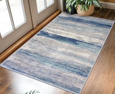 KOZYFLY 3x5 Rug Modern Ombre Living Room Area Rug, Washable Rugs for Bedroom Non-Slip Soft Stain Resistant Striped, Print Distressed Sky Blue Abstract Carpet for Living/Laundry/Kid Room - Image 1