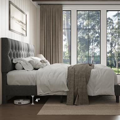 iPormis Upholstered King Size Bed Frame with Button Tufted Headboard, Linen Platform Bed with Thickened Support Legs, Noise-Free/No Box Spring Needed/Easy Assembly, Dark Grey - Image 7