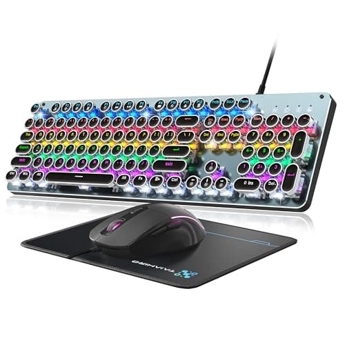 Typewriter Style Mechanical Gaming Keyboard Blue Switch, Rainbow LED Backlit Wired Computer Keyboards Mouse and Pad Combo, Metal Panel Retro Punk Round Keycaps, 104 Keys Anti-Ghost for PC Laptop Gamer