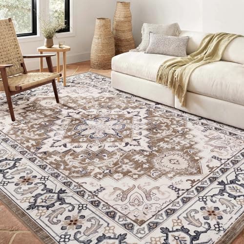 Lofus 5x7 Area Rugs for Living Room, Washable Area Rug, Rugs for Bedroom, Kitchen, Vintage Boho Carpet, Soft Non-Slip, Low Pile Large Area Rug for Office Dining Room, Floral Brown - Image 1