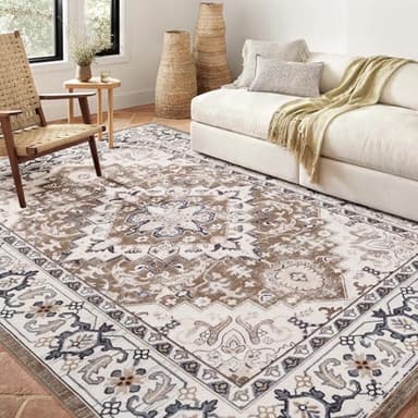 Lofus 5x7 Area Rugs for Living Room, Washable Area Rug, Rugs for Bedroom, Kitchen, Vintage Boho Carpet, Soft Non-Slip, Low Pile Large Area Rug for Office Dining Room, Floral Brown - Image 1
