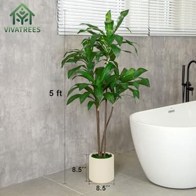VIVATREES 5FT Tall Faux Dracaena Tree with White Tall Planter, Artificial Plants with Natural Wood Trunk and Lifelike Leaves for Home Office Decor, Green - Image 4