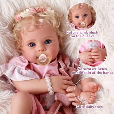 BABESIDE Reborn Baby Dolls Bettie - 17 Inch Soft Body Realistic Baby Doll Girl Lovely Awake Blond Curly Hair Girl Bebe Reborn de Silicona Real Life Baby Dolls with Gift Box for Kids Age 3+ Collectors - Image 2