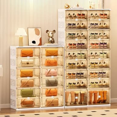 JEKO&JEKO 9 Tiers Foldable Boot and Shoe Storage Rack Cabinet for Closet Entryway, Large Collapsible Shoe Organizer with Magnetic Doors (White) - Image 5