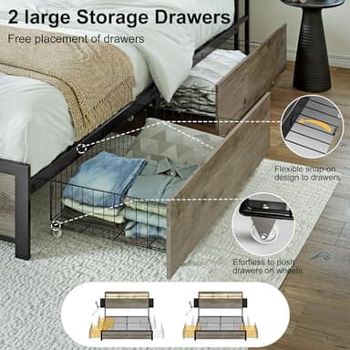 HAUSOURCE Queen Bed Frame with Bookcase Headboard and 2 Drawers LED Lights Metal Platform Non-Slip Without Noise Strong Metal Slats Support No Box Spring Needed (Greige, Queen) - Image 8