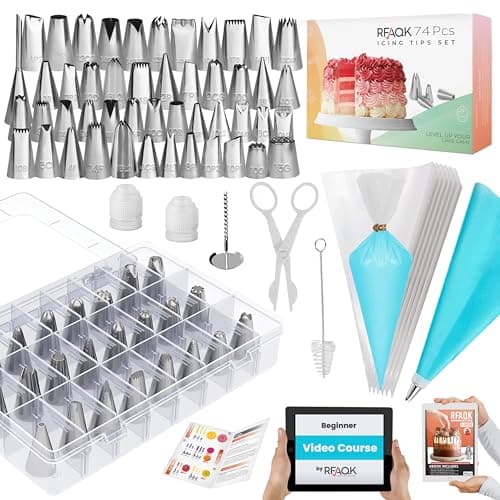 RFAQK 74 PCs Icing Piping Bags and Tips Set, Cake Decorating Kit with 48-Numbered Piping Tips, Anti Burst Pastry Bags for Cookie Cupcake Cake Decoration, Cake Decorating Tips Set with Booklet & E-book - Image 1