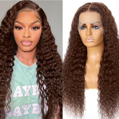 Bworto 30 Inch Chocolate Brown Deep Wave Lace Front Wigs Human Hair 13x6 Hd Curly Lace Frontal Wigs for Black Women Pre Plucked Wet and Wavy Glueless 4# Brown Color - Image 1
