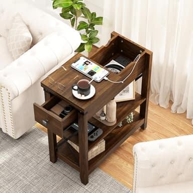 Awescuti Narrow End Table with Charging Station - Farmhouse Slim Side Table Set of 2, w/USB Ports Power Outlets, Nightstand w/Flip Top Storage Drawer, for Small Spaces Living Room Bedroom, Walnut - Image 6