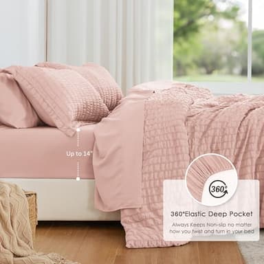 Love's cabin Seersucker Pink Twin Comforter Set 5 Pieces, All Season Bedding Set, Twin Bed in a Bag Comforter Set with Comforter, Flat Sheet, Fitted Sheet, Pillowcase and Pillow Sham - Image 3