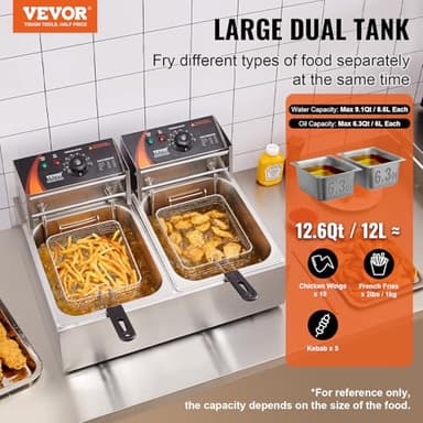 VEVOR Commercial Deep Fryer, Dual Tank 3000W Electric Countertop Fryer with Basket, 2 x 9.1Qt/8.6L Double Stainless Steel Oil Fryer, with Temp Control & Overheat Protection, for Kitchen Restaurant Use - Image 2