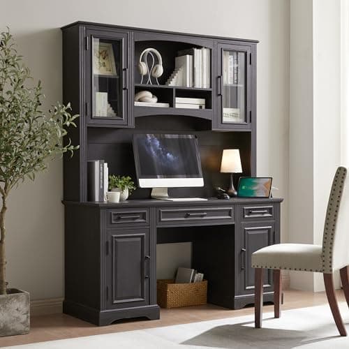 JXQTLINGMU Farmhouse 76" Height Computer Desk with Hutch, Office Desk with Charging Station, Drawers and Storage Cabinet, Workstation for Office Home, Black - Image 1