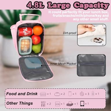 FlowFly Lunch box Insulated Soft Bag Mini Cooler Back to School Thermal Meal Tote Kit With Buckle and Mesh Side Pocket for Girls, Boys, PinkWithLetter - Image 5