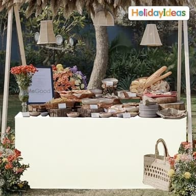 HolidayIdeas Fitted Tablecloths for 8 Foot Rectangle Table, Wrinkle Resistant Washable Table Cover 30x96 Inch for Vendor Booth Display, Banquet, Trade Show, Beige, 4 Pcs - Image 2