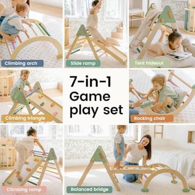 Tiny Land Pikler Triangle Set,7-in-1 Foldable Montessori Toddler Climbing Toys Indoor, Wooden Playground Jungle Gym for Kids, Climber Gift for Boys & Girls Toddler Climbing Toys (Morandi) - Image 3