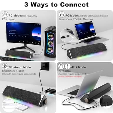 SOULION R60 Bluetooth Computer Speakers, USB Plug-N-Play PC Speakers with LED Dynamic Light, Surround Sound Soundbar Speaker with Rotary Switch for Desktop Laptop (USB-C to USB Adapter Included) - Image 5