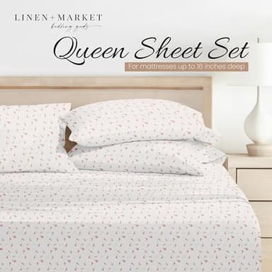 Linen Market 4 Piece Queen Sheet Set - Breathable, Double-Brushed Patterned Cooling Sheets – Oeko-TEX Certified Ultra Soft & Wrinkle-Free 16" Deep-Pocket Queen Sheets - Easy Care Soft Floral Pink - Image 3