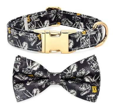 Dog Collar Bow Tie, Black Dinosaur Fossil, Wedding Birthday Accessories, Small (10" - 16") - Image 1