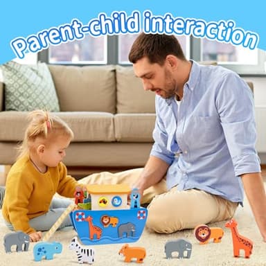 KMTJT Toddlers Wooden Noah's Ark Toy Animal Playset, Baptism Gifts for 1 2 3 Boys Girls, Shape Sorter Early Learning Montessori Toys with Bible Story Book for 12 18 24 Months Babies - Image 3
