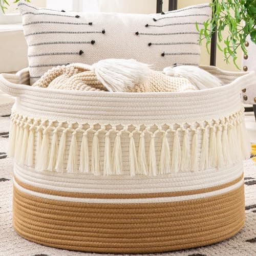 KAKAMAY Large Blanket Basket (20"x13"),Woven Baskets for storage Baby Laundry Hamper, Cotton Rope Blanket Basket for Living Room, Laundry, Nursery, Pillows, Baby Toy chest (White Fringe) - Image 1