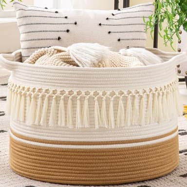 KAKAMAY Large Blanket Basket (20"x13"),Woven Baskets for storage Baby Laundry Hamper, Cotton Rope Blanket Basket for Living Room, Laundry, Nursery, Pillows, Baby Toy chest (White Fringe) - Image 1