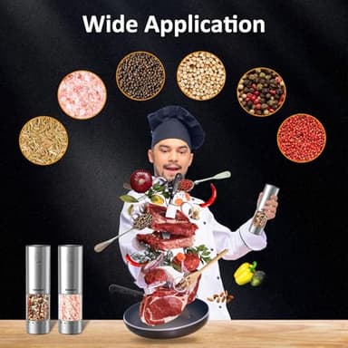 SAKAMOSH Electric Salt and Pepper Grinder Set Rechargeable, Auto One-handed Operation Pepper Mill with LED Light, EXT. Coarseness Adjustment, 2-Speed Control, Stainless Steel Salt Shakers (2 Pack) - Image 7