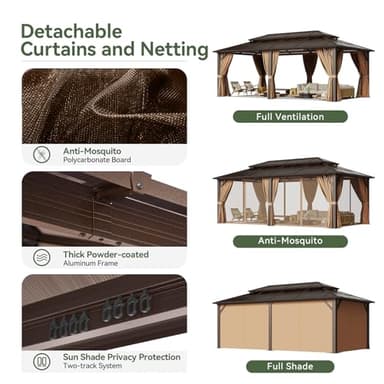 Aoxun 12'x20' Hardtop Gazebo, Aluminum Frame Permanent Pavilion with Curtains and Netting, Outdoor Polycarbonate Double Roof Canopy, Designed for Garden, Lawns, Patio - Image 5