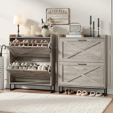 Maupvit Shoe Cabinet with 2 Flip Drawers, Freestanding Shoe Cabinet Organizer with Metal Legs, Shoes Storage Cabinet for Entryway, Narrow Shoe Rack Cabinet, Washed Gray - Image 5