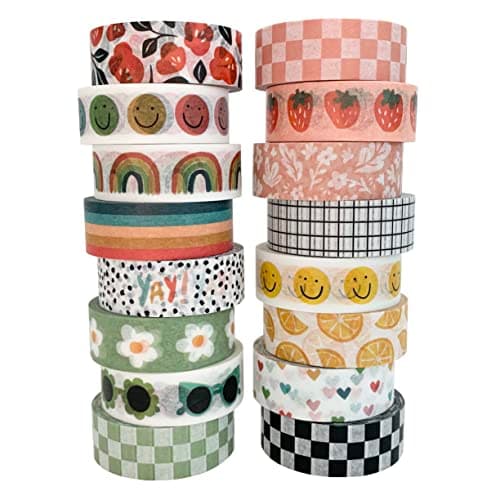 Washi Tape Set of 16 Rolls of 15 mm Wide Cute Decorative Washi Tape for Journaling, Scrapbook, Washy Crafts, Bullet Journals, Planners, DIY Décor, Craft Supplies For Adults & Kids (Splash) - Image 1
