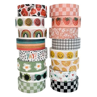 Washi Tape Set of 16 Rolls of 15 mm Wide Cute Decorative Washi Tape for Journaling, Scrapbook, Washy Crafts, Bullet Journals, Planners, DIY Décor, Craft Supplies For Adults & Kids (Splash) - Image 1