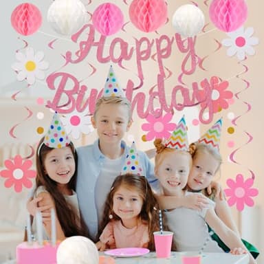 YEOCU Birthday Decorations, NO DIY, Pre-Strung Happy Birthday Banner with Honeycomb Balls, Hanging Swirls, Circle Dots Garland, Happy Birthday Party Decorations for Women Men Boys Girls (Pink) - Image 6