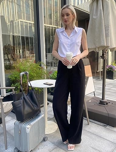 Zeagoo Women's Sleeveless Button Down Shirt Tops Solid Casual Loose Blouse,White,Medium - Image 3