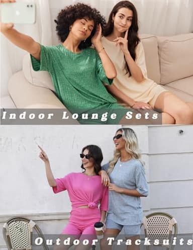 Ekouaer Pajamas 2 Piece Lounge Sets Ribbed Knit Matching Outfits T-shirt Biker Shorts Sleepwear Loungewear Sweatsuits Camel Medium - Image 5