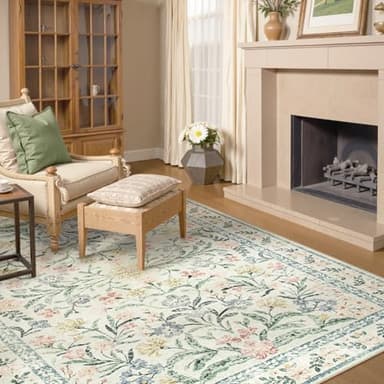 Lahome Boho Washable Girls Bedroom Rugs 9x12, Beige Cream Floral Large Area Rugs for Bedroom, Soft Non-Slip Thin Carpet for Nursery Kids Playroom Dining Room Home, Beige - Image 6