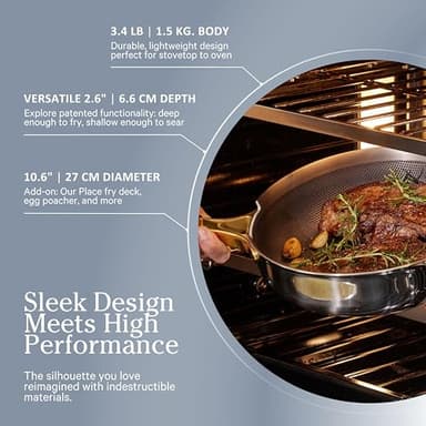 Our Place Titanium Always Pan Pro - 10.6” (2.8 Qt) No-Coating Nonstick Skillet | Tri-Ply Titanium & Stainless Steel | Safe for Oven, Induction & All Cooktops up to 1000°F | Includes Spatula | Chrome - Image 5