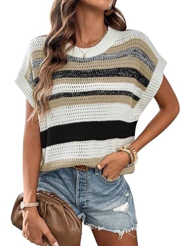Cakulo Womens Summer Cap Sleeve Tops Striped Color Block Sweater Vest Sleeveless Knit Pullover Tank Top Black L - Image 1