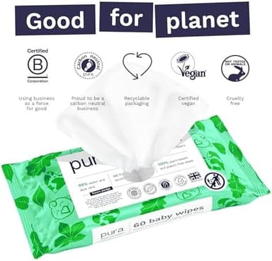 Pura Natural Sensitive Baby Wipes, 99% Water, Unscented & Hypoallergenic, Suitable for Sensitive & Eczema-prone Skin, Hypoallergenic, EWG Verified, 10 Pack of 60 Wet Wipes (600 Diaper Wipes) Bulk Buy - Image 7