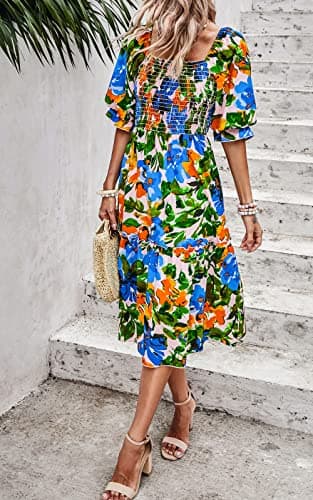 PRETTYGARDEN Women's Summer Casual Midi Dress 2025 Spring Puff Sleeve Square Neck A-line Flowy Boho Floral Smocked Dresses - Image 5