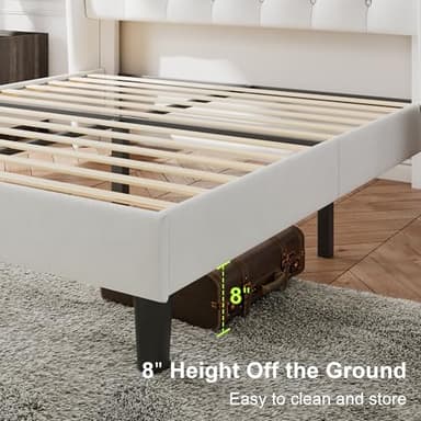 Feonase Queen Size Bed Frame with Diamond Tufted Wingback Headboard, Upholstered Platform Bed, Sturdy Wooden Slats Support, Noise-Free, No Box Spring Needed, Easy Assembly, White - Image 4
